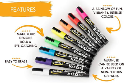 Chalk Markers - 8 Vibrant Fine Tip, Erasable, Non-Toxic, Water-Based, For Kids and Grown-Ups for Glass or Chalkboard Markers for Businesses, Restaurants, Liquid Chalk Markers (Vibrant 1mm)