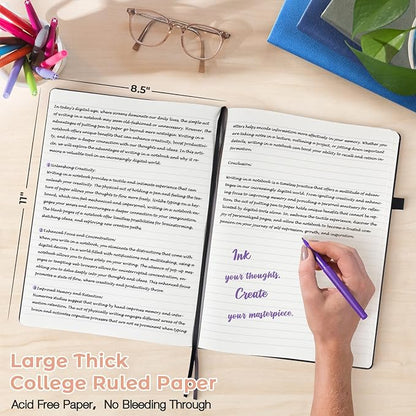 College Ruled Notebook, A4 Hardcover Leather Notebook for Work, Lined Notebook Journal for Women, Men, 192 Thick Paper, 8.5" x 11", Large Notebook with Pockets, Professional Business Notebook, Pink