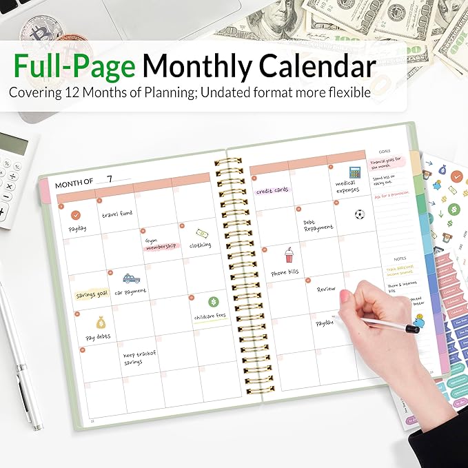 SUNEE Budget Planner - Monthly Budget Book with Expense Tracker Notebook, Undated 12 Month Bill Organizer & Finance Planner to Manage Your Money, A5(6.4" x 8.3") Account Book with Colorful Tab, Green