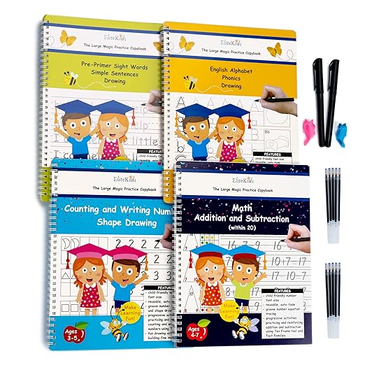 Teacher Designed Large 11x8.5in Reusable Handwriting Workbooks (Sight Word Copy Included)- Kids Learning Calligraphy, Magic Practice Copybook for Preschool, Kids Ages 3 to 8 (4 Pack)