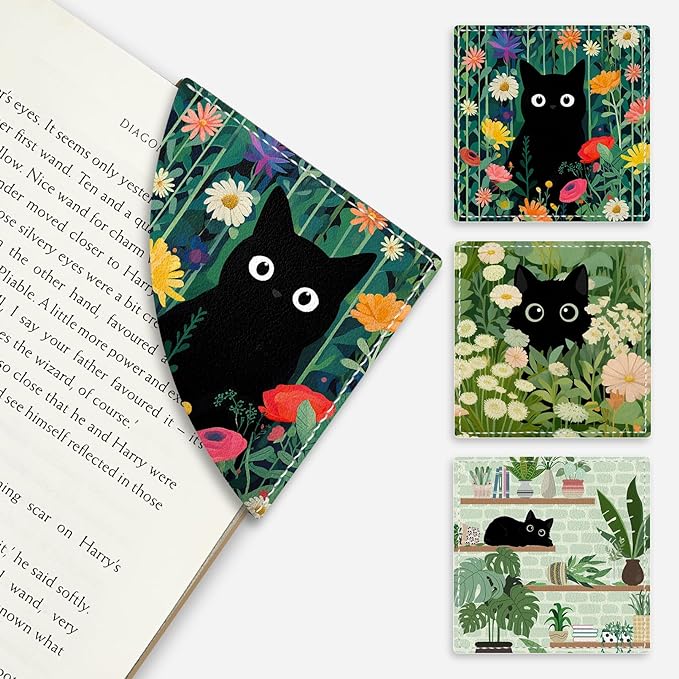 Cute Black Cat Floral Corner Bookmarks, Funny Leather Book Accessories for Book Lovers, 3 Pcs Reading Book Page Markers for Women Men Student Teacher Girls Boys Kids Retirement Birthday Gifts