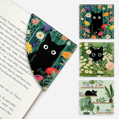 Cute Black Cat Floral Corner Bookmarks, Funny Leather Book Accessories for Book Lovers, 3 Pcs Reading Book Page Markers for Women Men Student Teacher Girls Boys Kids Retirement Birthday Gifts