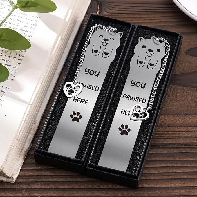Cute Dog Metal Bookmark - 2 PCs You Pawsed Here Bookmarks for Kids Teens Dog Lovers Gifts Funny Book Marks Pendant Box for Reading Reader Boys Girls School Christmas Thanksgiving Birthday