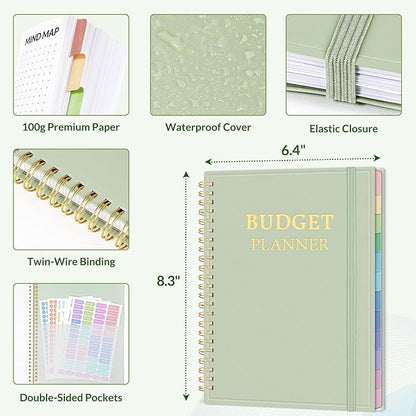 SUNEE Budget Planner - Monthly Budget Book with Expense Tracker Notebook, Undated 12 Month Bill Organizer & Finance Planner to Manage Your Money, A5(6.4" x 8.3") Account Book with Colorful Tab, Green