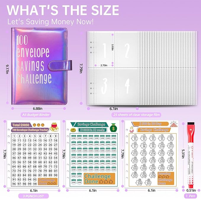 100 Envelopes Challenge Binder Savings Challenges Book, A5 Money Saving Planner Cash Envelope Budget Binder with Erasable Pen, Easy and Fun Way to Save $5,050, 10,000 and $500 (Dazzle Silver)