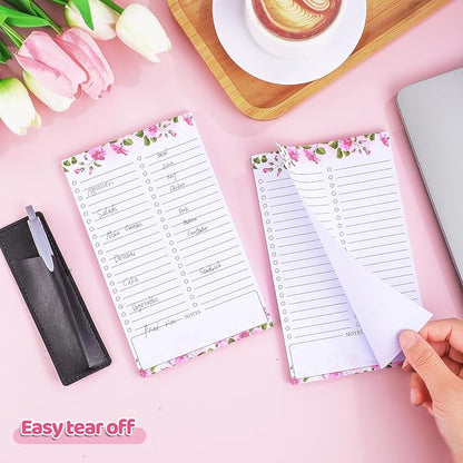 2 Pack Grocery List Magnet Pad for Fridge with Pen Holder, Totally 120 Sheets Magnetic Note Pad for Fridge Full Back Magnet Shopping List, To Do List, Memo Notepads, 4.5x7.5"(Pink Flower)