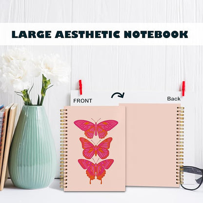 BearCake Hot Pink Preppy Butterfly Journal Notebook, Aesthetic Notebooks, Butterfly Gifts for Women, Pink Office Supplies, Pink Desk Accessories for Women Office, Hardcover Spiral Notebook 5.5x8.3
