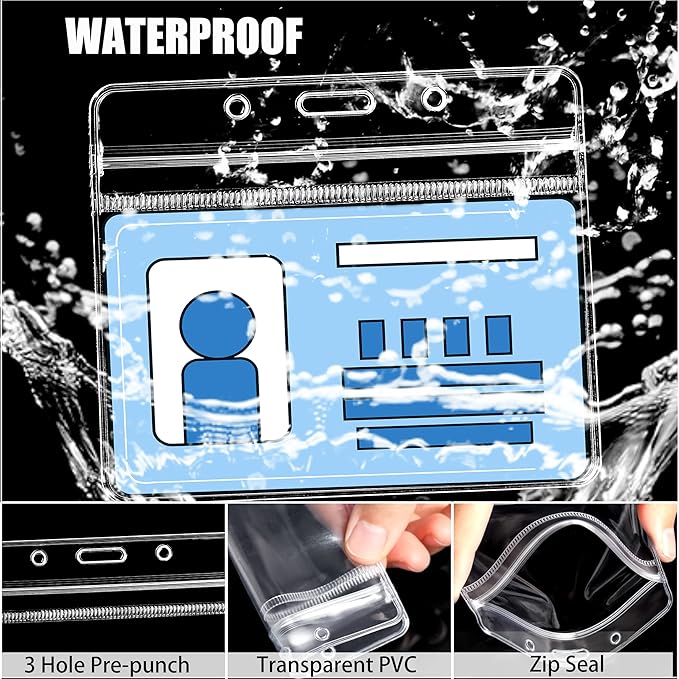 100Pcs Clear Plastic Horizontal Name Tags Badge ID Card Holders and 100Pcs Lanyards with Clip (Blue)