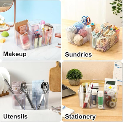 Multiuse Caddy Organizer with Handle - Stackable Plastic Bin - Divided Storage Tote Holder for Art Craft Supplies, Makeup, Bathroom, Shower, Cleaning, Kitchen, Office, Dorm, Desktop - Frosted Clear