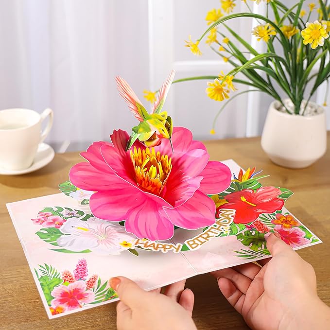 Hummingbird Pop Up Birthday Cards for Women, Beautiful Hummingbird on Flowers, Elegant, Floral 3D Happy Birthday Greeting Cards, Ideal Gift for Mom, Sister, Her, Grandma, Aunt, Daughter, Stepmother