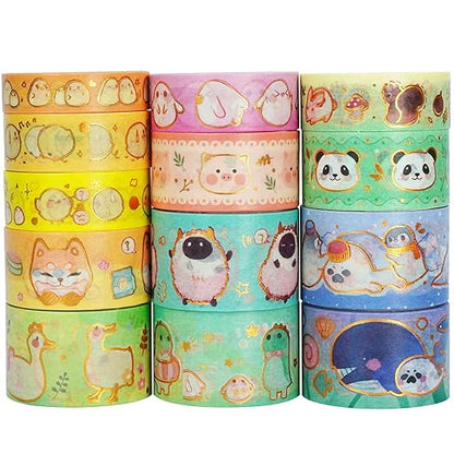 Cute Pets Washi Tape Set 13 Rolls Wide Gold Embellishment Decorative Masking Tapes for Arts, DIY Crafts, Journals, Planners, Scrapbook, Wrapping (Animal Kindergarten), 10/15/20/25mm