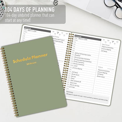 Daily Planner 24 Hourly Schedule from 12am - 12pm, Undated Hourly Planner with To-Do List, Priorites, 7" x 10", Organize Your Tasks and Appointments for Office, School, and Home - Green