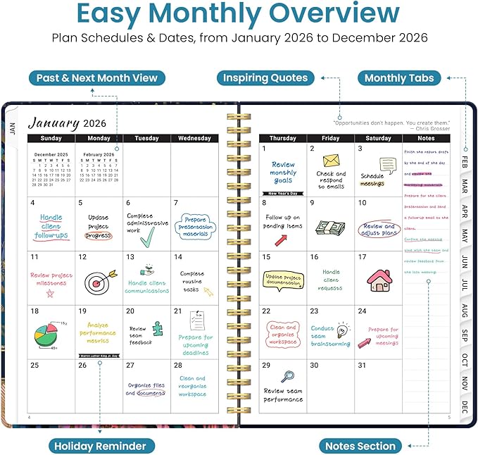 2026 Planner, Weekly and Monthly Planner for Women, January 2026 to December 2026, Pretty Hardcover 2026 Calendar Planner Book with Tabs, Inner Pocket, Spiral Bound, Perfect Office Home School Supplies - 6.3" x 8.5", Midnight Jungle