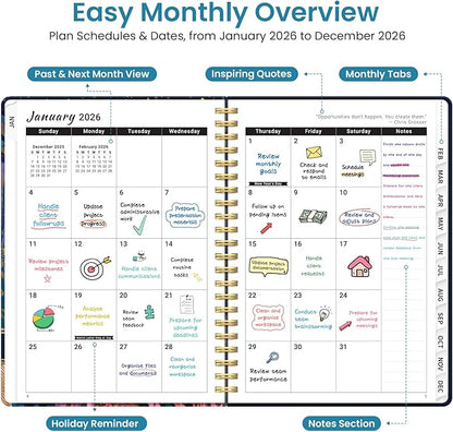 2026 Planner, Weekly and Monthly Planner for Women, January 2026 to December 2026, Pretty Hardcover 2026 Calendar Planner Book with Tabs, Inner Pocket, Spiral Bound, Perfect Office Home School Supplies - 6.3" x 8.5", Midnight Jungle