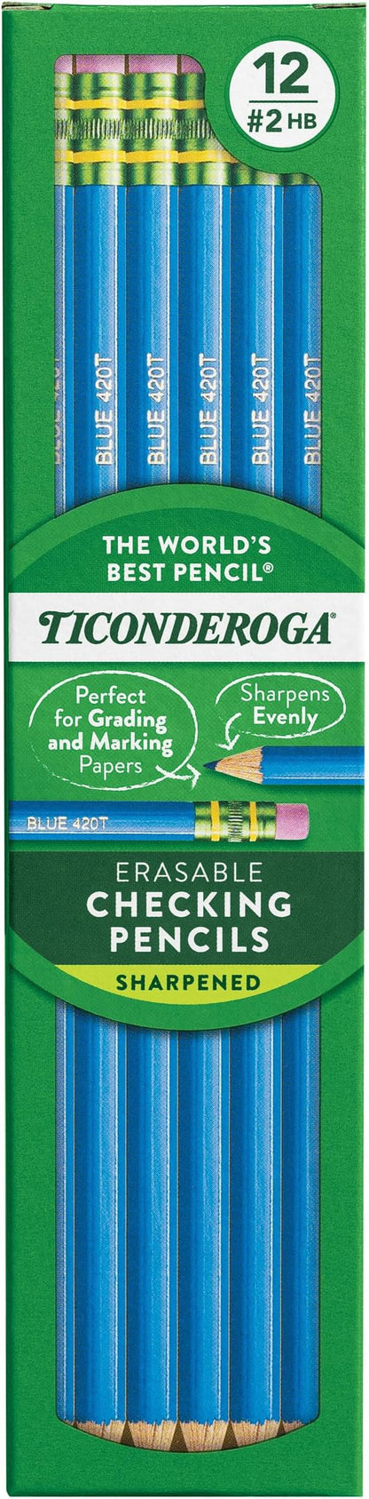 Ticonderoga Erasable Checking Wood-Cased Pencils, Pre-Sharpened, Blue, 12 Count