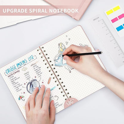 AHGXG Graph Paper Notebook - Spiral Notebook Hardcover Leather Journal 140 Pages, A5 Grid Paper Notebook 5.7" x 8.3", 100 gsm Thick Paper, for School Writing Graphing Engineering, Rose Gold