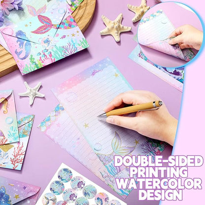 TaoBary 160 Packs Stationery Paper Set (50 Double Sided Stationery Writing Papers 50 Matching Envelopes) 60 Round Dot Sticker, 10 Design(Mermaid,5.5 x 8.25 Inch)