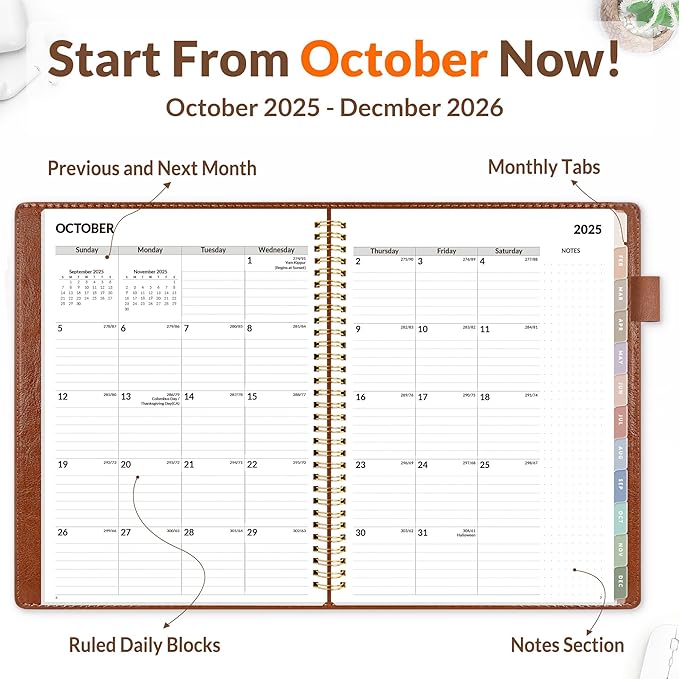 SUNEE 2026 Weekly & Monthly Planner 9"x11.2"- 12 Month (January 2026 - December 2026), Vegan Leather Cover, Pocket, Bookmark, Notes, Monthly Tab, Brown