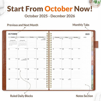 SUNEE 2026 Weekly & Monthly Planner 9"x11.2"- 12 Month (January 2026 - December 2026), Vegan Leather Cover, Pocket, Bookmark, Notes, Monthly Tab, Brown