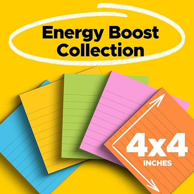 Post-it Super Sticky Lined Notes, 6 Sticky Note Pads, 4 x 4 in., School Supplies, Office Products, Sticky Notes for Vertical Surfaces, Monitors, Walls and Windows, Energy Boost Collection