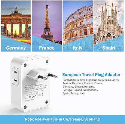 European Travel Plug Adapter, AUOPLUS International Power Plug Adapter with 3 USB Ports (1 USB C), 4 AC Outlets Cruise Ship Essentials for US to Most of Europe Spain Italy France Germany