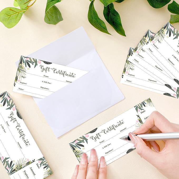 Sinmoe 50 Sets Gift Certificate for Business with 50 Pcs Envelopes Blank Gift Certificate Cards with Name and Address Rustic for Beauty Salon Restaurants Birthday(4.72 x 2.36 Inch, Leaf Style)