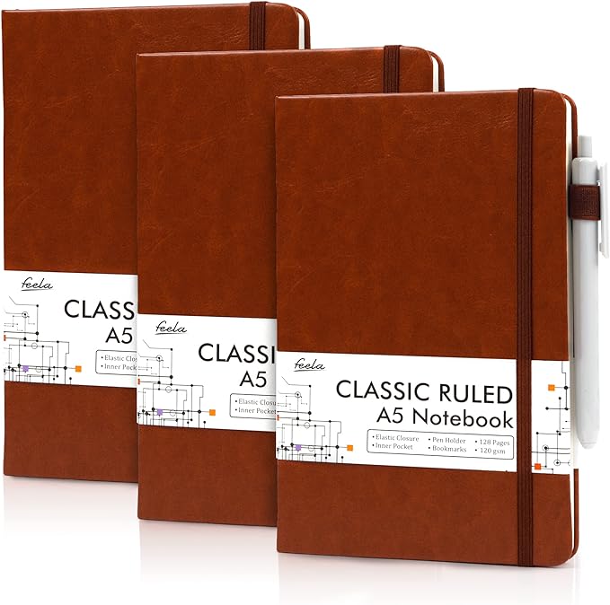 feela 3 Pack Notebooks Journals Bulk with 3 Black Pens, A5 Hardcover Notebook Classic Ruled Lined Journal Set with Pen Holder for Work Business Journaling Note Taking, 120 GSM, 5.1”x8.3”, Brown