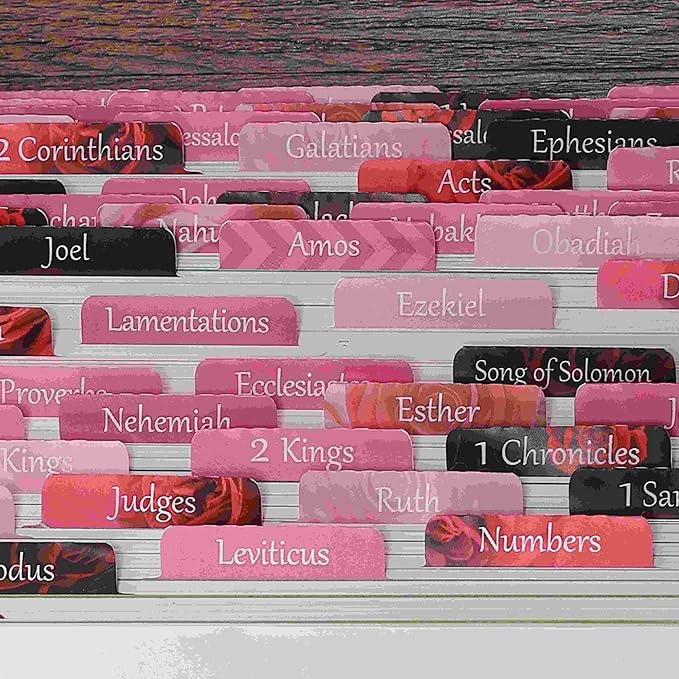 Thinkor Reposition Laminated Bible Tabs, Large Print Stickers, Easy to Read and Apply Bible Tabs for Women and Man (Pink Rose Print)