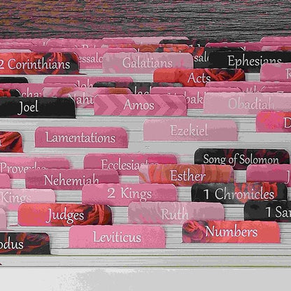 Thinkor Reposition Laminated Bible Tabs, Large Print Stickers, Easy to Read and Apply Bible Tabs for Women and Man (Pink Rose Print)