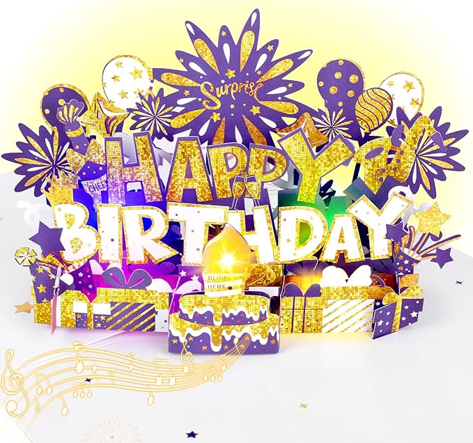 Birthday Card | Musical Pop Up Greeting Card w Light | Blow Out LED Light Candle & Play Happy Birthday Music Pop Up Card | Greeting Cards Gifts for Him or Her | Purple Gold (Blowable Candle)