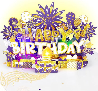 Birthday Card | Musical Pop Up Greeting Card w Light | Blow Out LED Light Candle & Play Happy Birthday Music Pop Up Card | Greeting Cards Gifts for Him or Her | Purple Gold (Blowable Candle)