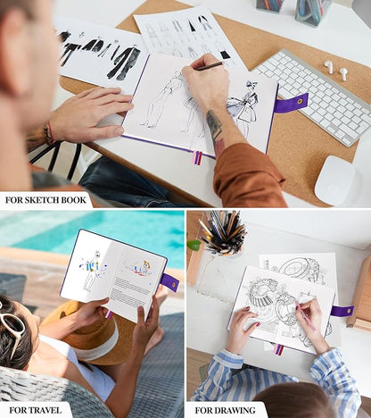 Blank Journal Notebook, A5 Hardcover Leather Sketchbook with 200 Pages Thick Blank Paper for Men Women, Unlined Drawing & Writing Journal, 5.9" x 8.4" Plain Notebook (purple)