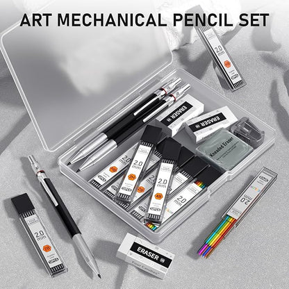 Four Candies 3PCS 2MM Mechanical Pencils with case, Artist Lead Pencil Metal Lead Holder with 120 Graphite Lead Refills(HB 2H 2B 4B Color), 4 Erasers, Sharpener, Drafting Pencil for Drawing, Sketching