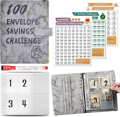 100 Envelopes Challenge Binder Savings Challenges Book, A5 Money Saving Planner Cash Envelope Budget Binder with Erasable Pen, Easy and Fun Way to Save $5,050, 10,000 and $500 (Marble Gray)