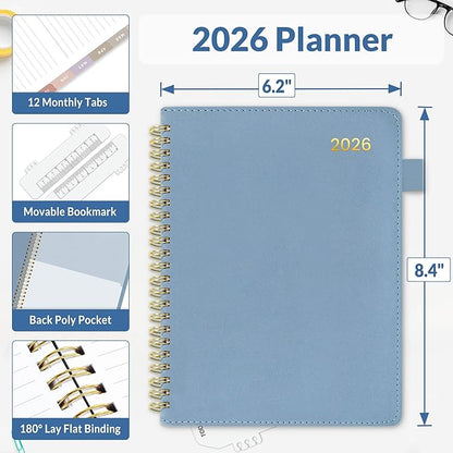 SUNEE 2026 Weekly & Monthly Planner 6.4"x8.5"- 12 Month (January 2026 - December 2026), Vegan Leather Cover, Pocket, Bookmark, Notes, Monthly Tab, Gray Blue