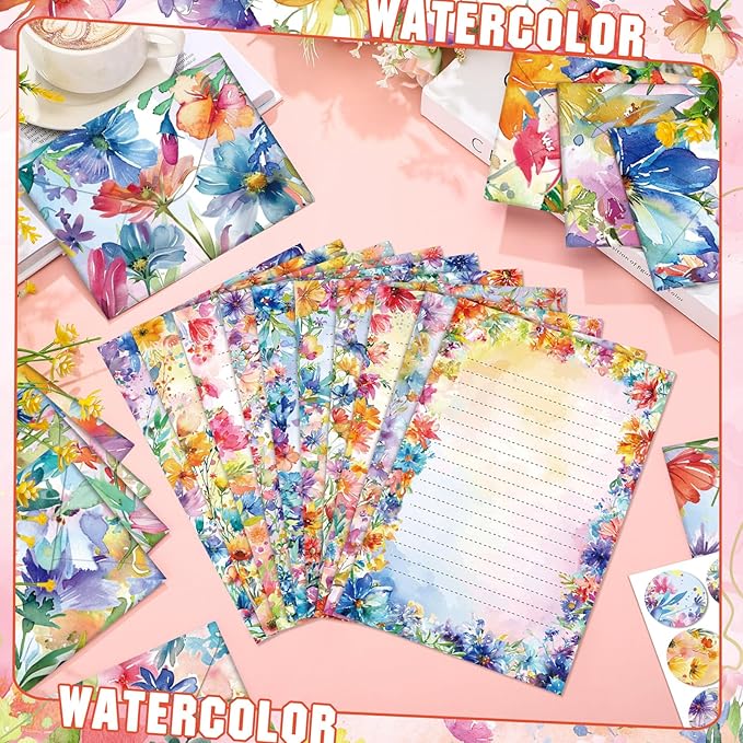 TaoBary 160 Packs Stationery Paper Set (50 Double Sided Stationery Writing Papers 50 Matching Envelopes) 60 Round Dot Sticker, 10 Design(Watercolor Flowers,5.5 x 8.25 Inch)