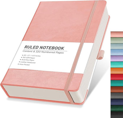 RETTACY Journaling Notebooks, A5 Lined Notebook Journal with 320 Numbered Pages, 5.7'' × 8.3'', Medium Size, Journal Notebook for Writing, Work, Leather Hardcover, 100 GSM Thick Paper (Pink)