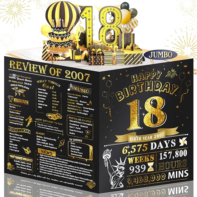 18th Birthday Card for Girls Boy, Jumbo Pop Up Funny 18th Birthday Cards for Son Daughter, Happy 18th Birthday Decorations for 18 Year Old Boys Girl Funny Birthday Gifts, Review of 2007, Black Gold