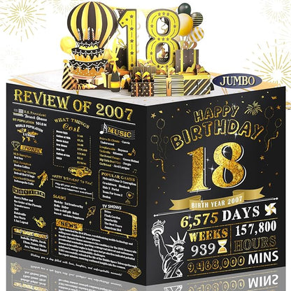 18th Birthday Card for Girls Boy, Jumbo Pop Up Funny 18th Birthday Cards for Son Daughter, Happy 18th Birthday Decorations for 18 Year Old Boys Girl Funny Birthday Gifts, Review of 2007, Black Gold