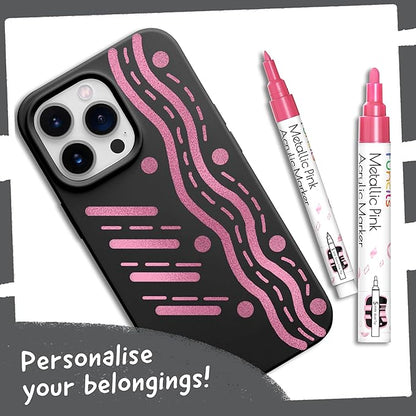 5 Acrylic Metallic Pink Paint Pen - Extra Fine Tip, Thin & Jumbo (1mm, 3mm, 6mm, 10mm, 15mm) - Paint Markers for Metal, Rocks, Plastic, Canvas, Wood, Fabric, Tire, Glass. Pink Permanent Marker