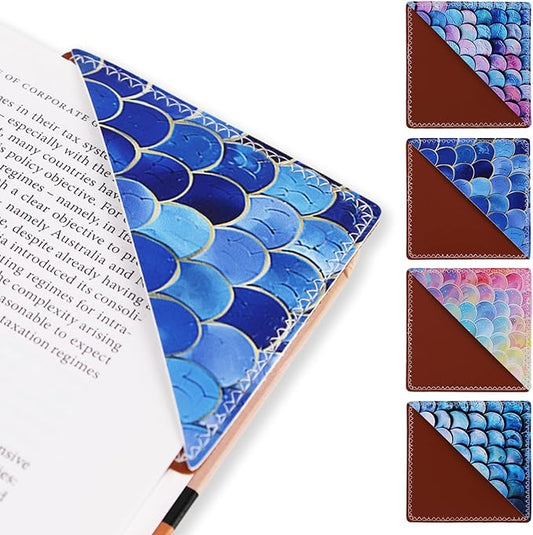 4 Pieces Leather Bookmarks, Cute Book Accessories for Reading Lovers, Page Markers for Women Men Kids Students Teachers Retirement Birthday Gift (Mermaid Scale)