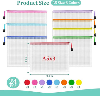 24pcs Mesh Zipper Pouch Bags, A5 9.4x7.1 Inches, 8 Colors, Organizing Pouches for Classroom, Home, Office & Puzzle Storage