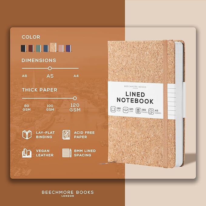 BEECHMORE BOOKS Lined Journal Notebook, 5.8 x 8.3 inch, A5 160 Lined Pages, Hardcover Leather Journals for Women, Men, Writing and Notebooks for Work - 120 GSM Thick Paper, Gifts Box Included