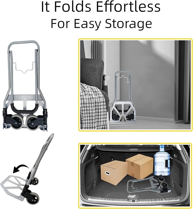 Folding Hand Truck, 165lbs Load Luggage Cart with Silent Wheel, Light Weight Portable Folding Dolly Multi-fuctional Foldable Hand Cart Heavy Duty Utility Cart for Home Office & Travel Use