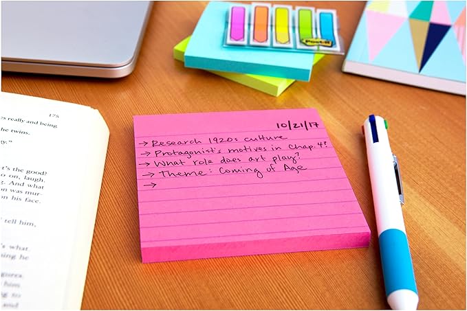Post-it Super Sticky Lined Notes, 6 Sticky Note Pads, 4 x 4 in., School Supplies, Office Products, Sticky Notes for Vertical Surfaces, Monitors, Walls and Windows, Energy Boost Collection