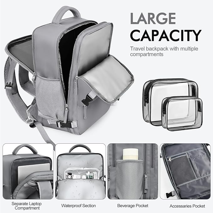 Travel Backpack for Women Men, Carry on Backpack Bag for Traveling on Airplane, Flight Approved Personal Item Size Backpack Luggage,Travel Essentials, Dark Grey