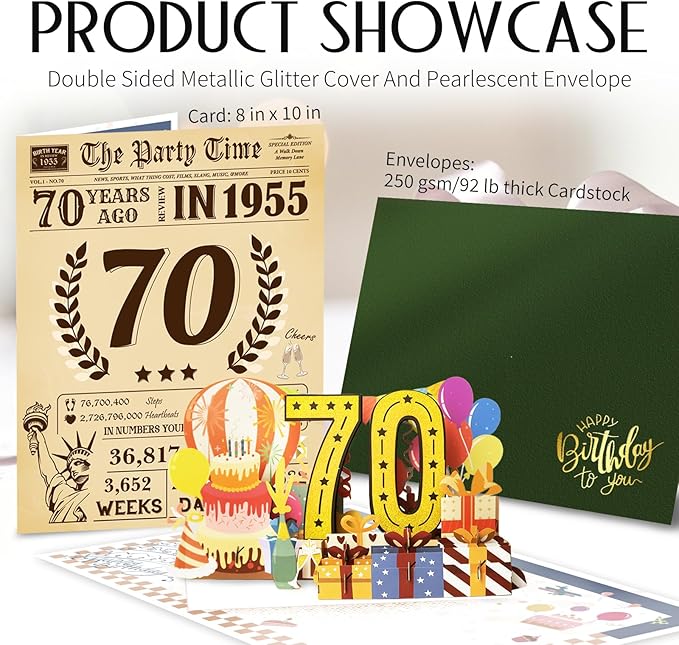Funny 70th Birthday Card for Women Men, 3D Pop Up 70th Birthday Decorations for Her Him, Happy 70th Birthday Gifts for Grandma Grandpa, Jumbo 70 Year Old Birthday Card, Review of 1955, Classy (8"x10")