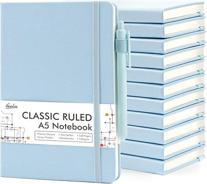 feela 12 Pack Notebooks Journals Bulk, Hardcover Notebook Classic Ruled Lined Journals with Pen Holder for Women Girls School Business Supplies, with 12 Black Pens, 120 GSM, 5.1”x8.3”, A5, Light Blue