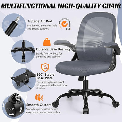 Office Chair Ergonomic Desk Chair with Adjustable 3D Lumbar Support and Height, Comfy Mesh Computer Chair with Flip-up Armrests, Swivel Rolling Task Chair with Wheels (Dark Gray)