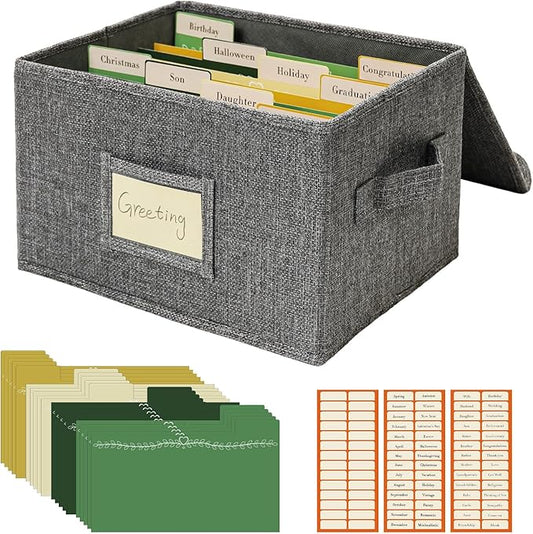 Vienrose Greeting Card Organizer Storage Box with 20 Removable Dividers, 84 Self-stick Labels, Perfect for Photos, Envelopes, Scrapbooking, Paper, Stickers Holder 1 Pack Grey